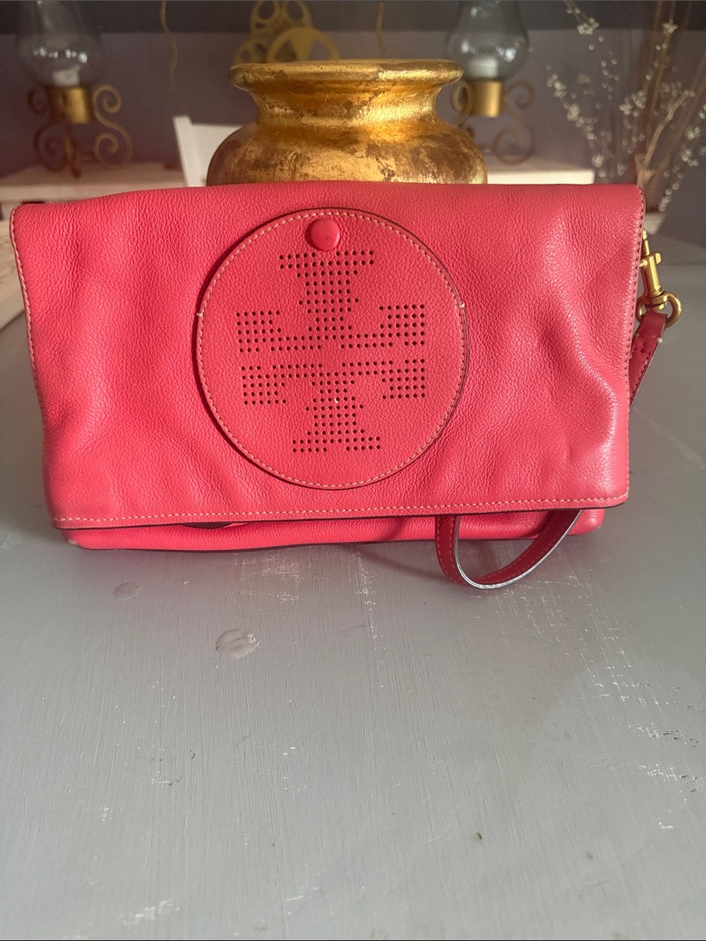 Tory Burch Coral-Red Leather Wristlet Clutch